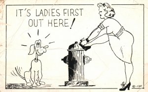Vintage Postcard Its Ladies First Out Here Comic Dog And The Lady Tying Her Shoe