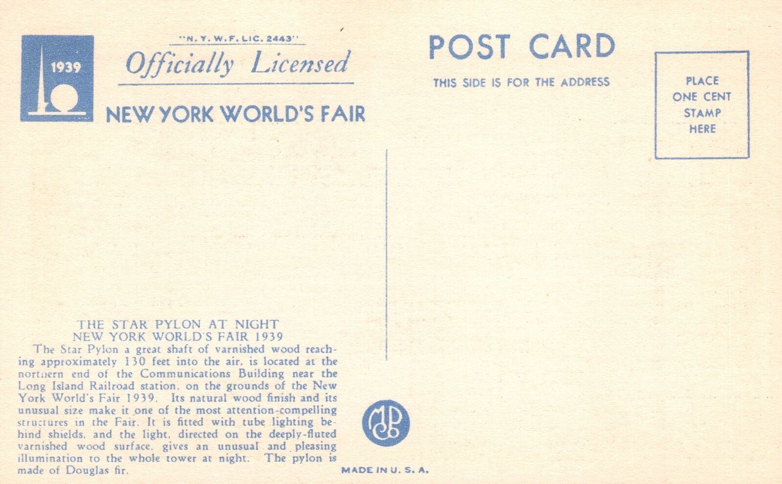 Vintage Postcard The Star Pylon Varnished Wood Great Shaft New York