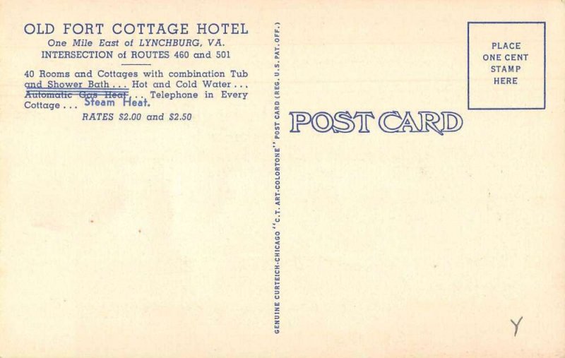 Lynchburg Virginia Old Fort Cottage Hotel Vintage Postcard AA48054