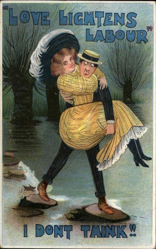 Comic Man Carries Woman with Big Butt Love Lightens Labour Romance c1910 PC