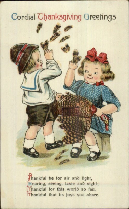 Thanksgiving - Kids Plucking Turkey Feathers & Poem c1910 Postcard