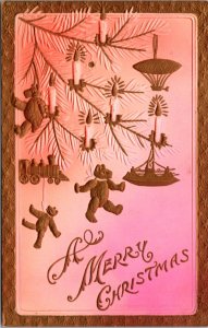 1908 Airbrushed Merry Christmas Postcard Golden Toys Hanging From a Tree