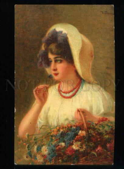 169207 Girl w/ FLOWERS by PASS vintage ADVERTISING SINGER Co.