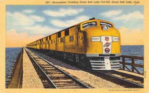 Union Pacific Streamliner Railroad Train Great Salt Lake Utah linen postcard