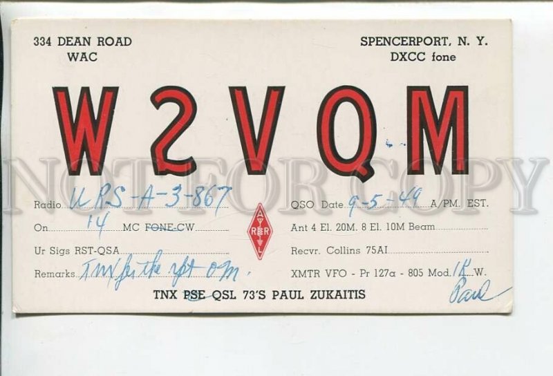 462863 1949 year USSR USA New York Spencerport radio QSL card