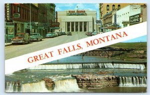 GREAT FALLS, MT Montana ~ STREET SCENE & DAM 1964 Banner Postcard