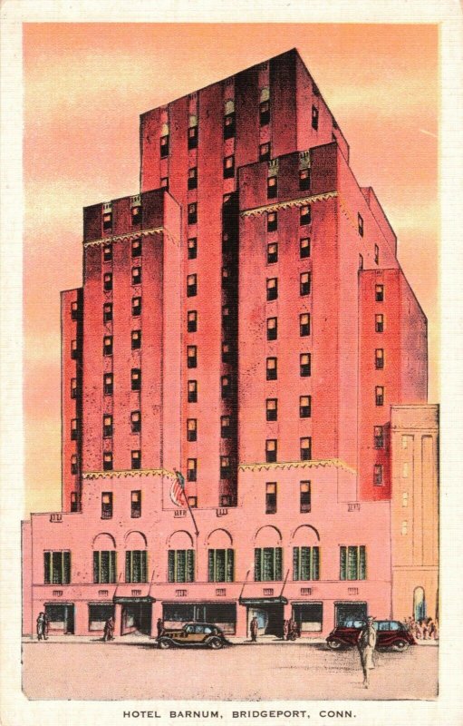 Hotel Barnum, Bridgeport, Conn. Old Cars Linen Postcard 