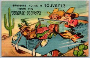 Vtg Comic Bringing Home A Souvenir From The Wild West Humor Linen Postcard