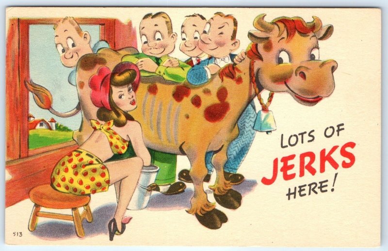 c1940s Comic Risque Woman Lots of Jerks Anthropomoprhic Cute Cow Linen PC A272