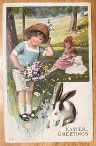 Vintage Victorian Postcard 1917 Easter Greetings - Girls with Bunny