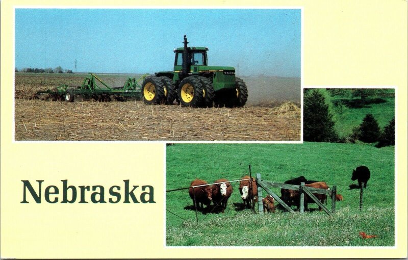 Greetings Nebraska Dual View Tractor Cows Postcard VTG UNP Mike Roberts Vintage 