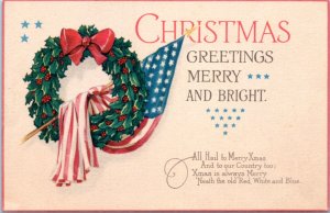 Postcard Patriotic Christmas -  US Flag draped through wreath