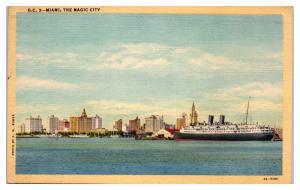1942 Miami, FL Skyline w/ Cruise Ship Postcard