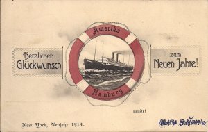 S.S. Amerika, Hamburg Amerika Ocean Liner, Ship. New Year 1914 Official Card