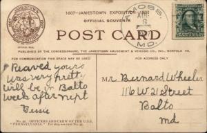 1907 Jamestown Expo #92 USS Pennsylvania Crew Amoss MD Cancel Postcard