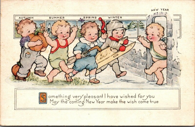 New Year Postcard Autumn, Summer, Spring, Winter Babies Greet Baby New Year~4447 