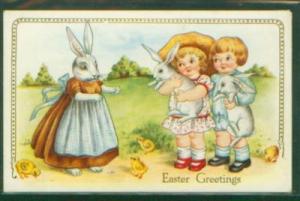 E171  postcard Easter Dressed rabbit mom two bunnies