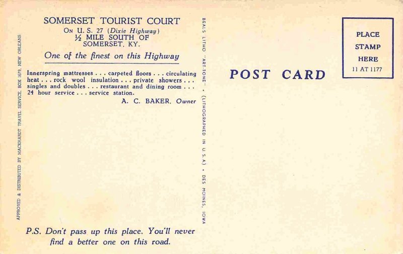 Somerset Tourist Court Gas Pumps US 27 Somerset Kentucky linen postcard