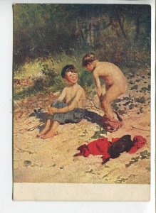 444645 USSR 1933 year Makovsky boys after swimming Vintage GIZ postcard