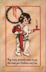 Christmas Pretty Little Girl with Doll and Candle c1910 Vintage Postcard