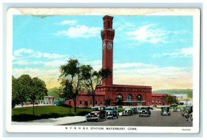 c1920's N.Y.N.H & H Station Clock Tower Cars Waterbury Connecticut CT Postcard 