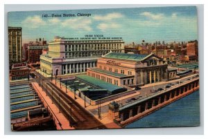 Vintage 1940's Postcard Panoramic View Union Station Trains Chicago Illinois