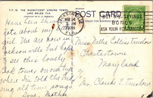 Magnificient Singing Tower Lake Wales Florida Fl Jacksonville Cancel Pm Postcard 