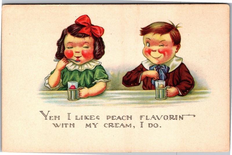 Winking Boy, Girl at Soda Fountain Yeh I Likes Peach Flavoring Postcard K06