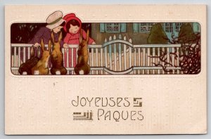 Easter Greetings Children With Bunnies Picket Fence Postcard A45
