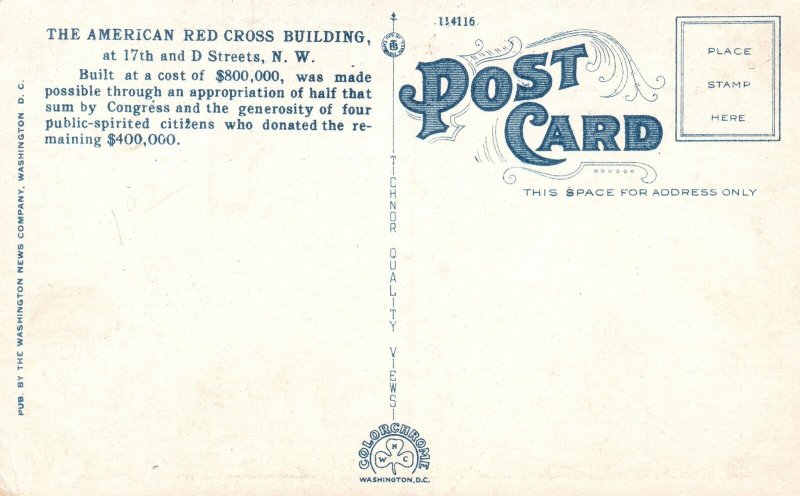 Vintage Postcard 1920's Red Cross Memorial Building Washington DC