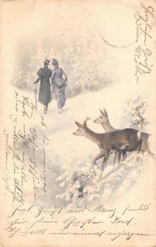 US2158 Merry Christmas, Deers Animals, Forest Winter People  1900 greetings