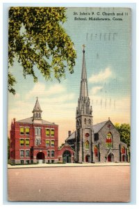 1957 St. John's F.C. Church and II School Middletown Connecticut CT Postcard 