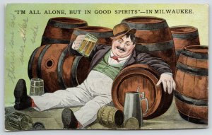 In Good Spirits in Milwaukee WI~Fellow All Alone~Beer Mug~Barrels~Steins~c1910