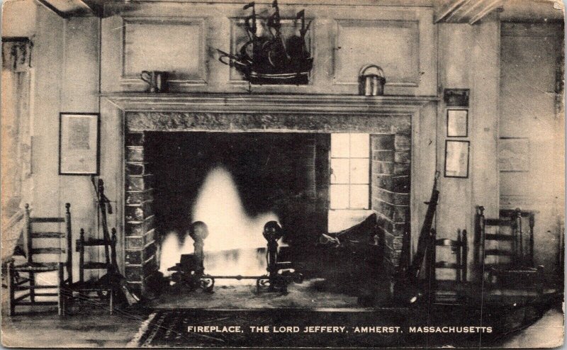 Lord Jeffery Interior Fireplace Amherst Massachusetts BW Cancel WOB Postcard 