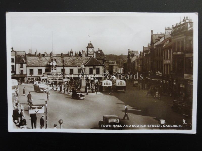 Cumbria CARLISLE Town Hall & Scotch Street shows BUS STOP - Old RP Postcard