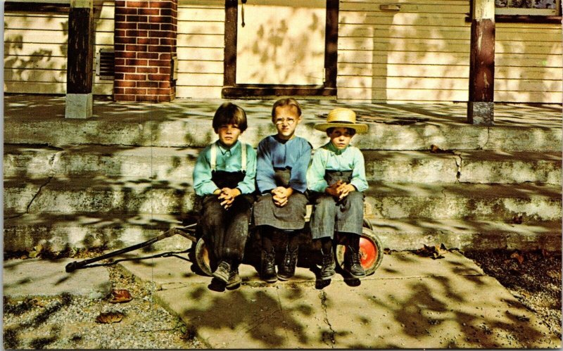 Dutch Country One Room School House Amish Children Sitting Wagon VTG Postcard 