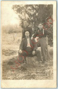 c1910s Parrish, Ill. RPPC Men Posing Real Photo Postcard Farm Suspenders IL A45