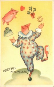 Postcard Fat Clown Juggles Pig & Good Luck Symbols Gelukkig Nieuwjaar Dutch