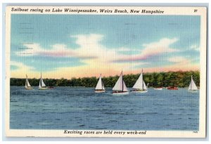 1958 Sailboat Racing Lake Winnipesaukee Boat Laconia Weirs Beach NH Postcard
