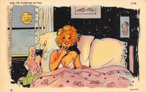 Risque Comic  GEE, I'M THINKING OF YOU  Woman In Negligee In Bed 1947 Postcard