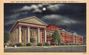 COLUMBIA, South Carolina SC   FIRST BAPTIST CHURCH~SUNDAY SCHOOL~Night  Postcard