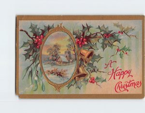 Postcard A Happy Christmas with Hollies Bells Embossed Art Print