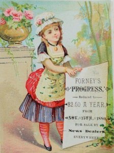 1880 Forney's Progress Price Listed Lovely Girl Bonnet Sign P42