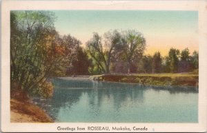 Greetings from Rosseau Muskoka Ontario Lake Scene c1947 SDC Postcard H23