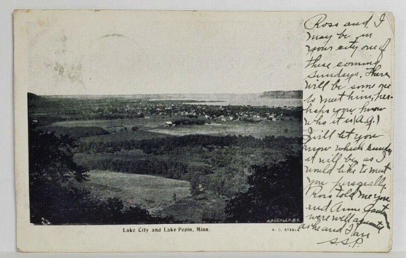 MN Lake City and Lake Pepin Minnesota Birds Eye View 1906 to Winona Postcard T12