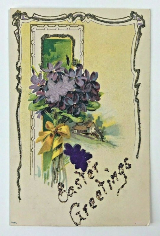 Circa1907-15 Embossed Applique Velvet Mica Easter Greetings Postcard 2T5-568 