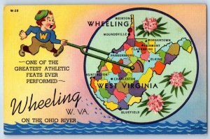 c1940 Wheeling West Virginia WV Postcard Ohio River Athletic Feats Performed Map