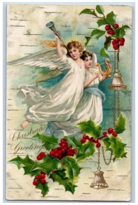 Christmas Postcard Greetings Angels With Trumpet And Lyre Berries Winsch Back