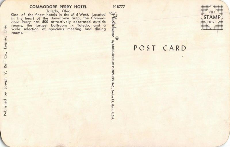 TOLEDO OHIO COMMODORE PERRY HOTEL POSTCARD 1950s