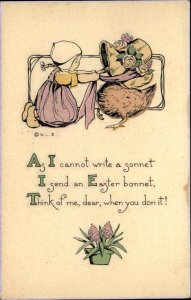Easter Children Bonnet Poem Vintage Postcard